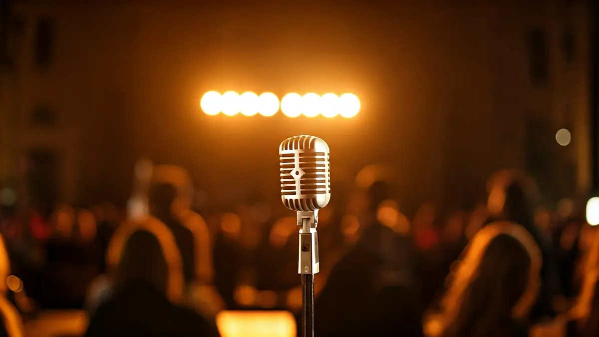 Imagen genérica de un micrófono en un escenario, con luces cálidas y un ambiente musical.