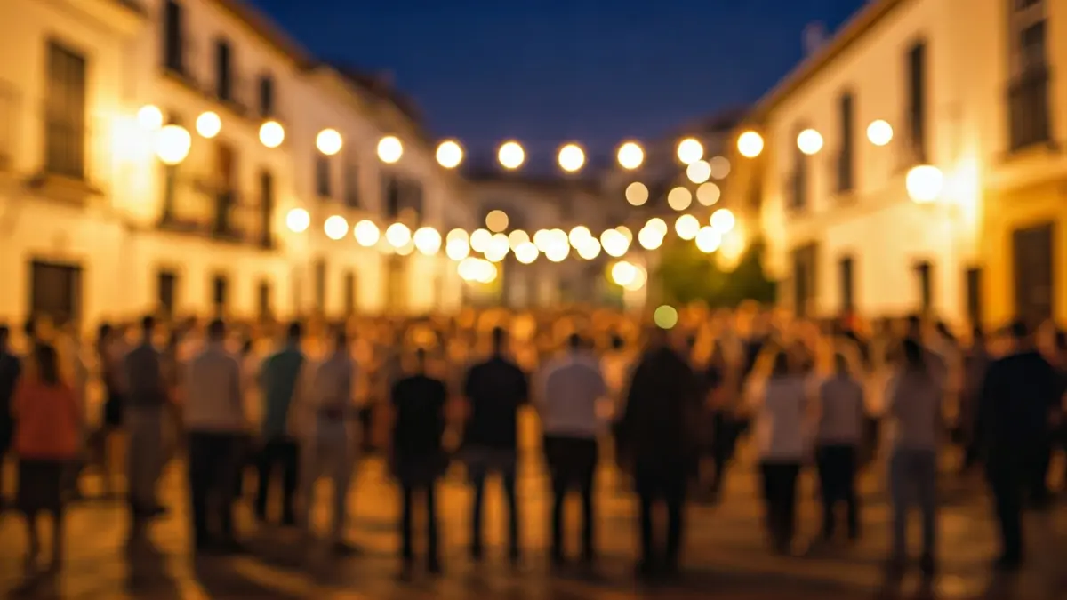 Imagen de un ambiente festivo con público disfrutando de música en directo en una plaza andaluza.