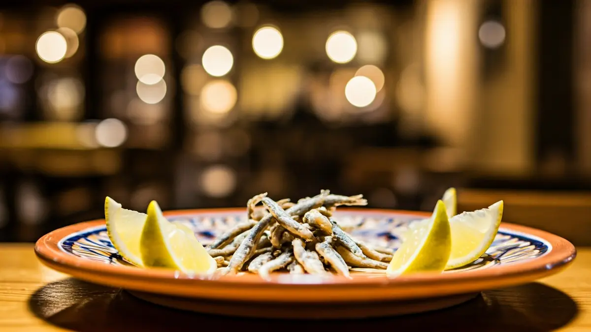 Dish of anchovies with citrus in a restaurant.
