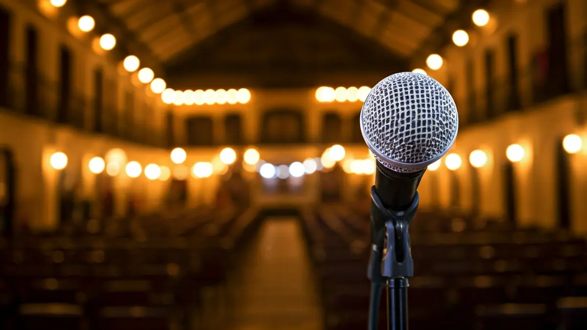Generic image of a microphone on an empty stage, with background lights.