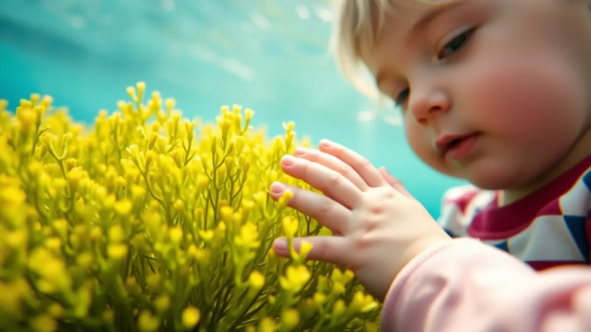 Image of children's hands interacting with Posidonia plants underwater.