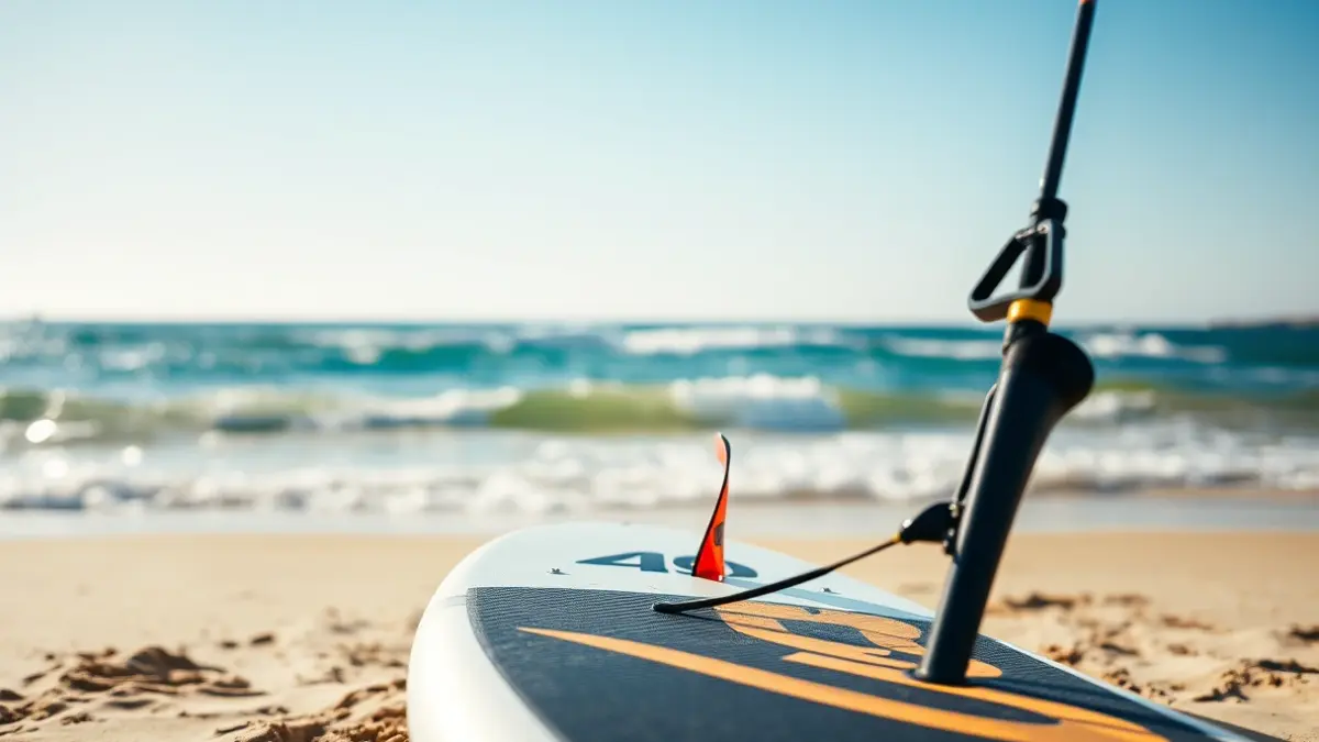 Imagen de una tabla y cometa de kitesurf en la arena de una playa, con el mar de fondo.