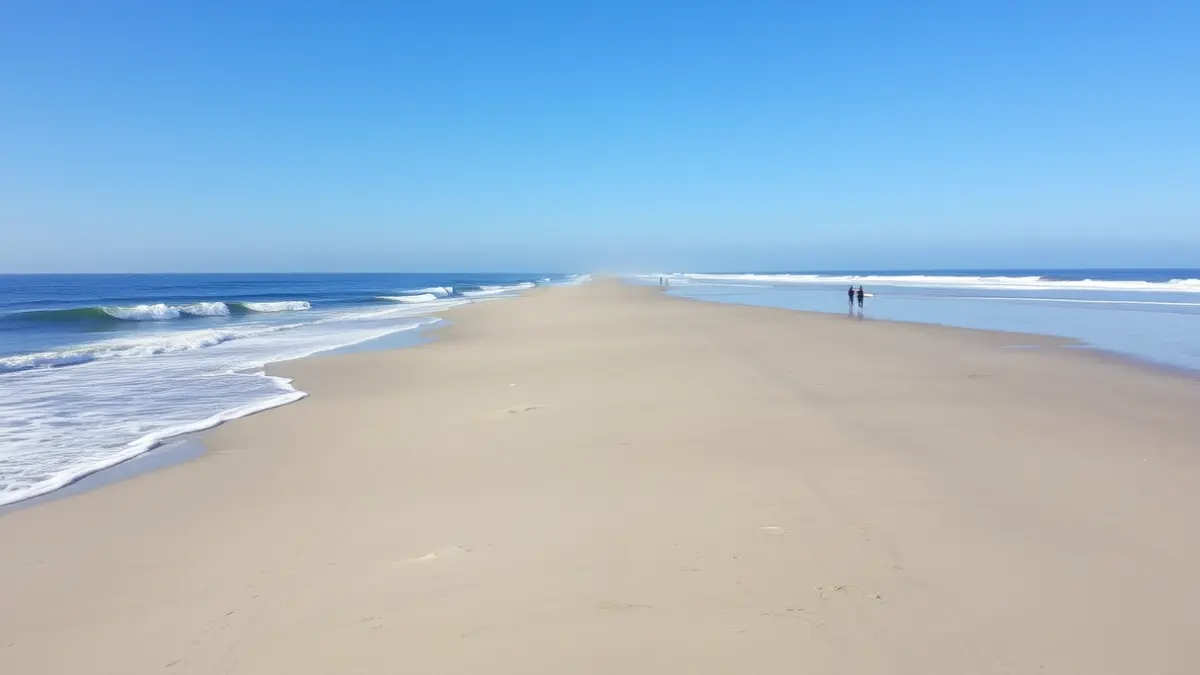Imagen genérica de una playa con olas y surfistas a lo lejos, bajo un cielo azul.