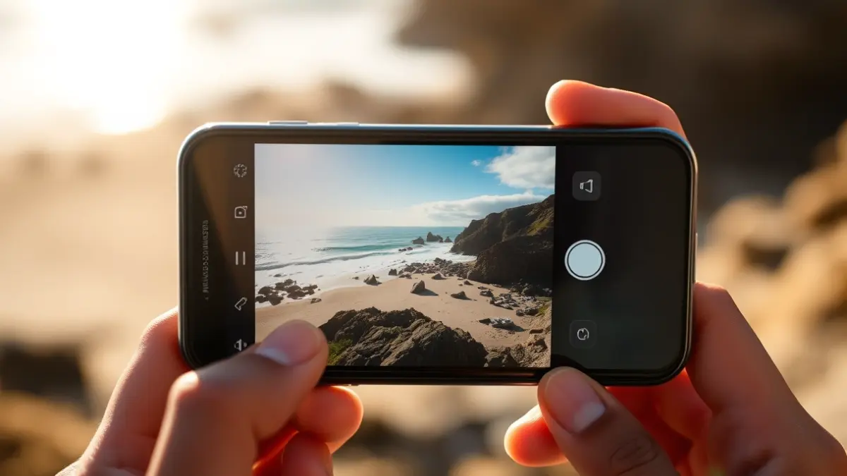Image of a mobile phone displaying a photograph of a coastal landscape.