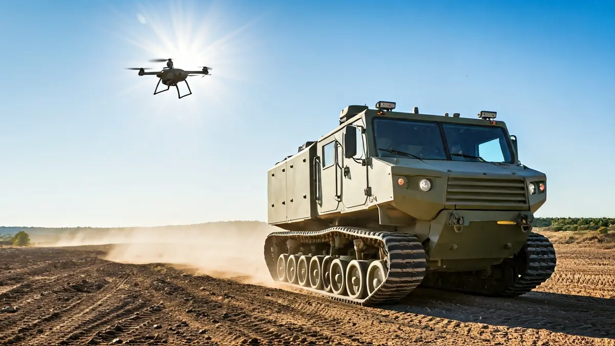 Vehículo terrestre no tripulado (UGV) y dron en un campo de pruebas militar en Almería.