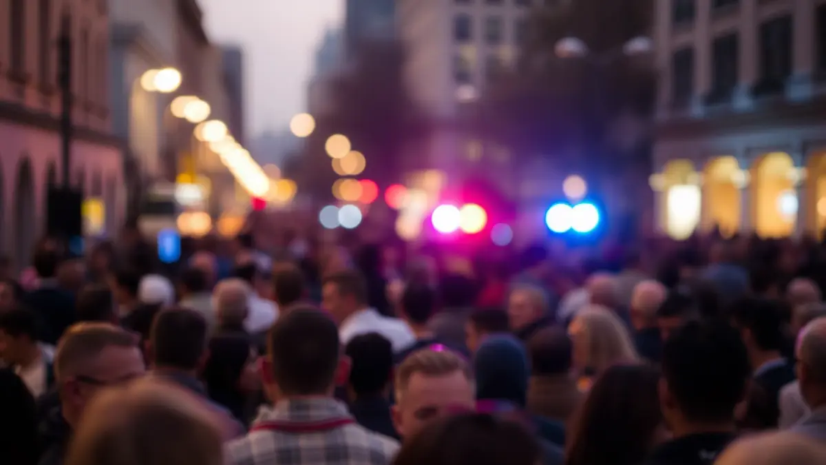 Imagen genérica de una multitud en una plaza con luces de emergencia al fondo.