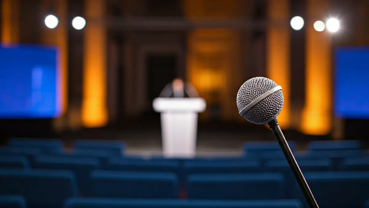 Imagen genérica de un atril con micrófono en un escenario político, con sillas vacías y luces suaves.