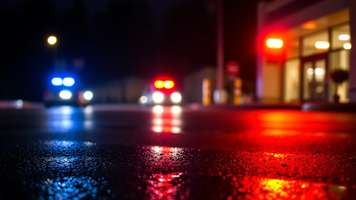 Imagen genérica de luces de emergencia reflejadas en el asfalto mojado durante la noche.