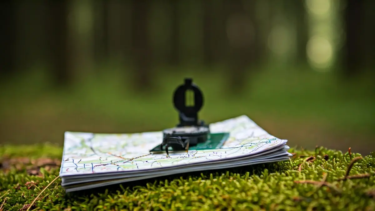 Generic image of an orienteering map and a compass in a natural setting.