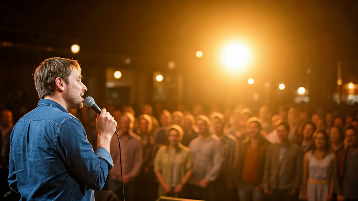 Imagen de un cómico actuando en un escenario con un micrófono.