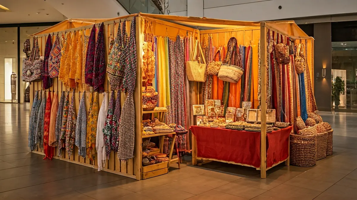 Puesto de mercado pop-up con accesorios y telas coloridas en un centro comercial.