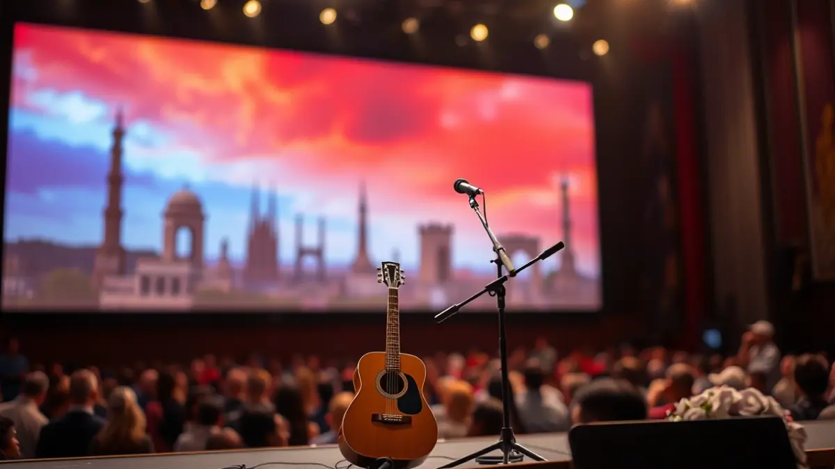 Imagen de un escenario con elementos musicales y una pantalla proyectando imágenes, representando un espectáculo cultural.