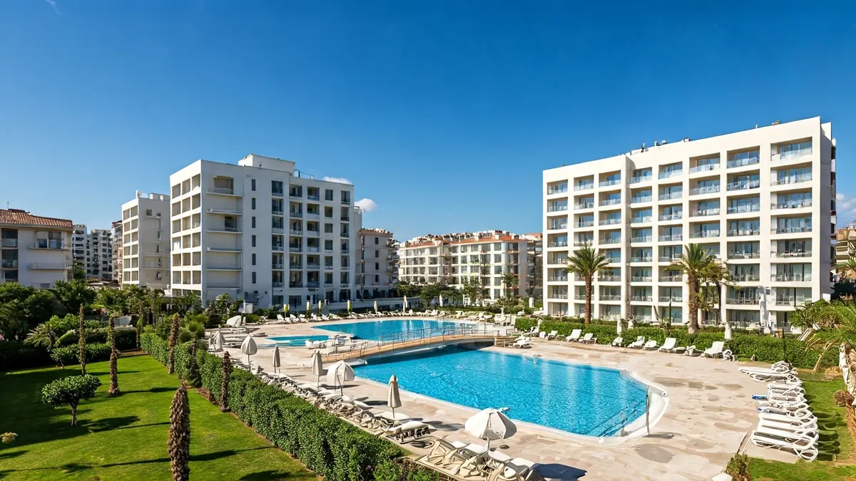 Image of a luxury residential complex with swimming pools and gardens in Torremolinos.