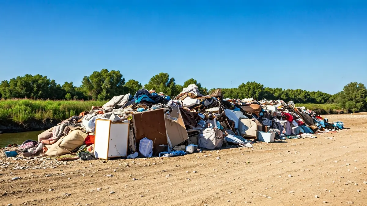 Residuos voluminosos abandonados ilegalmente en un entorno natural cerca de un arroyo.