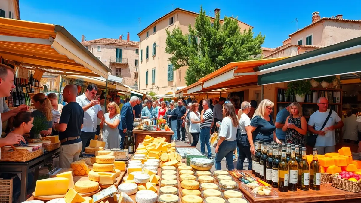 Imagen de un mercado de productos locales en un pueblo mediterráneo.