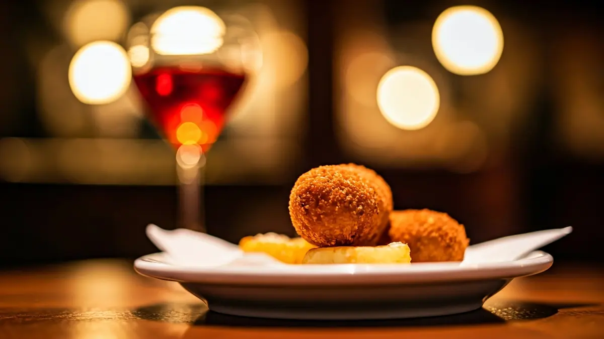 Imagen genérica de una tapa española con una bebida.