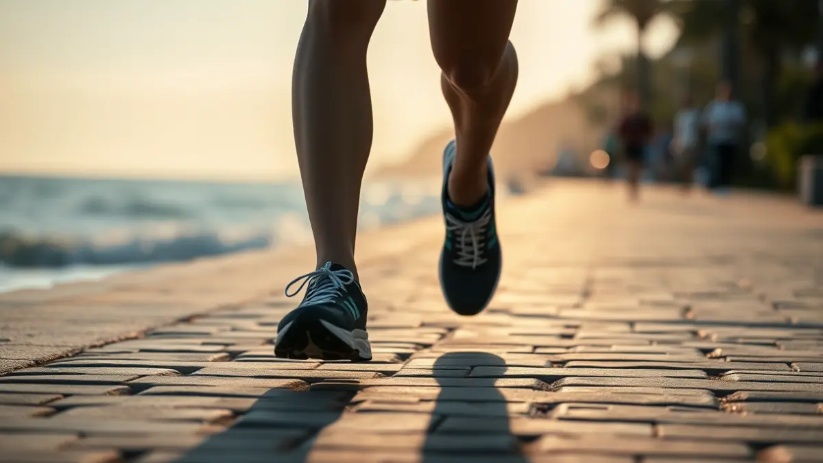 Generic image of running shoes on a promenade.