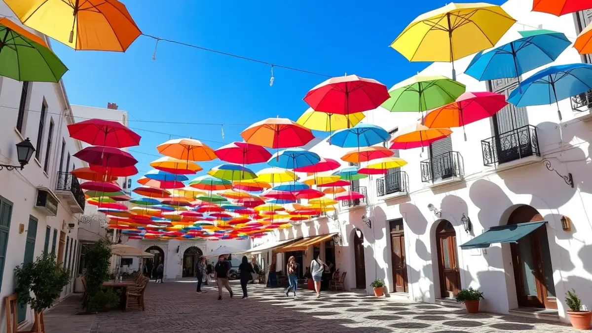 Imagen de la plaza de la Constitución de Torrox adornada con sombrillas de colores.