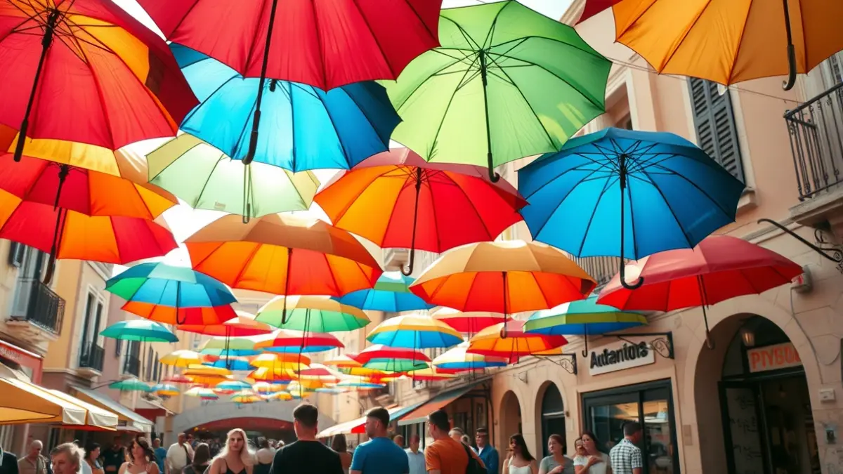 Colorful umbrellas suspended over a pedestrian square in Torrox, Malaga.