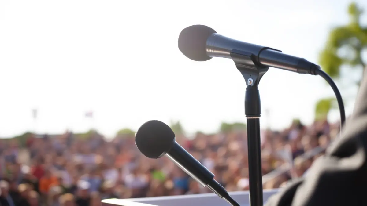 Generic image of a microphone on a podium during an outdoor demonstration.