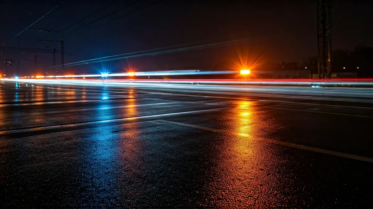 Generic image of emergency lights at night, with a blurred train track background.