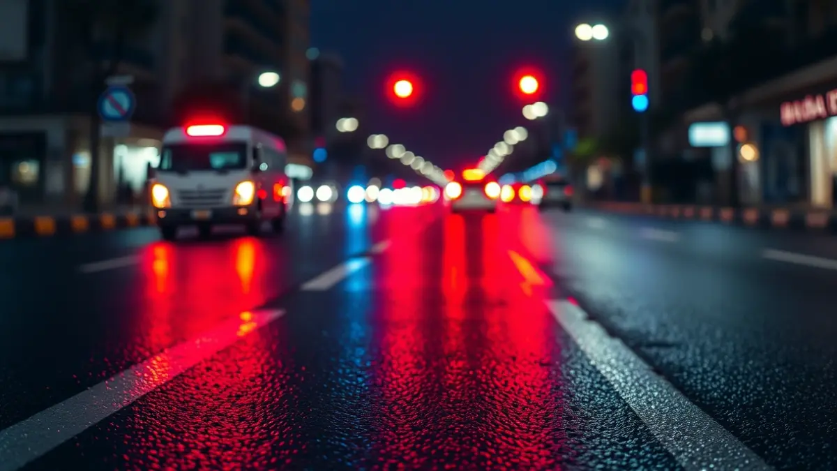 Imagen genérica de luces de emergencia policiales reflejadas en el asfalto mojado de una ciudad mediterránea.