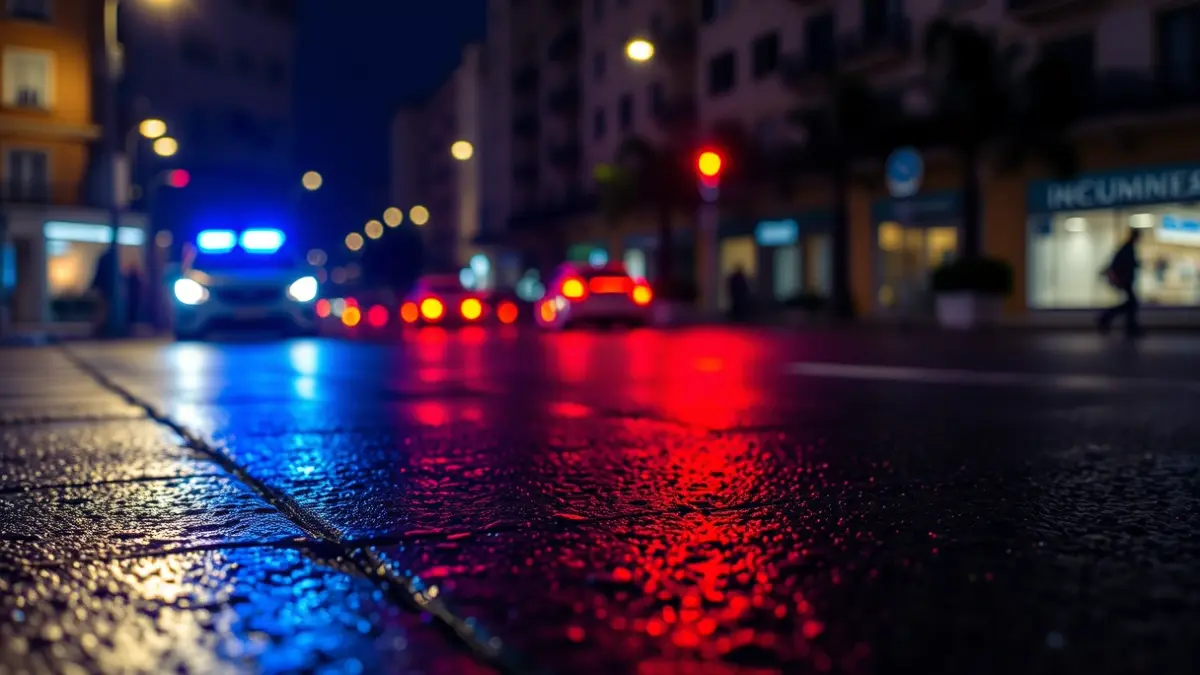 Imagen genérica de luces de emergencia policiales reflejadas en el asfalto mojado de una ciudad mediterránea.