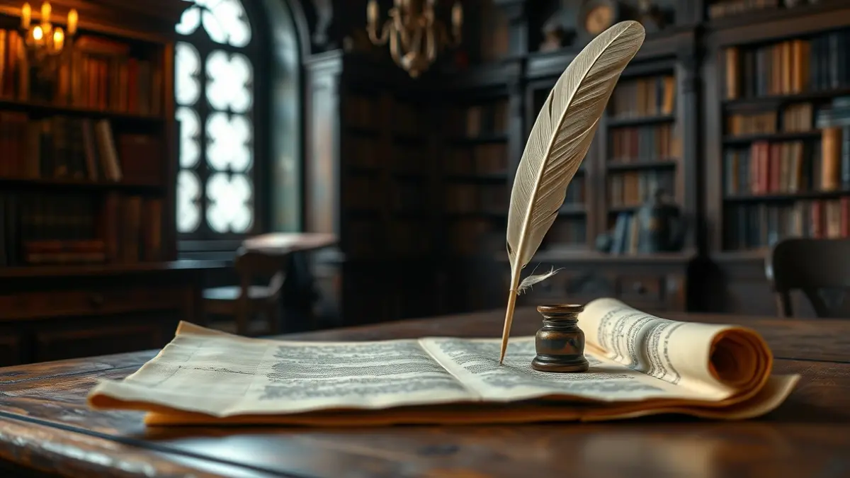 Imagen genérica de un pergamino antiguo con una pluma y un tintero en un estudio renacentista.