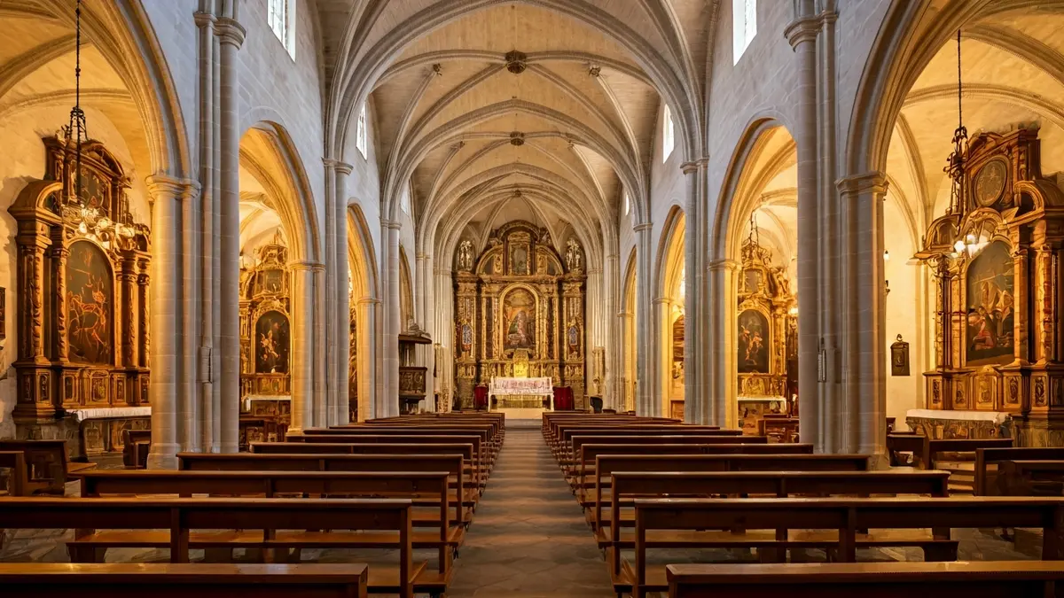 Interior of a historic Spanish church with vaulted ceilings and architectural details, bathed in warm light, with empty wooden pews.