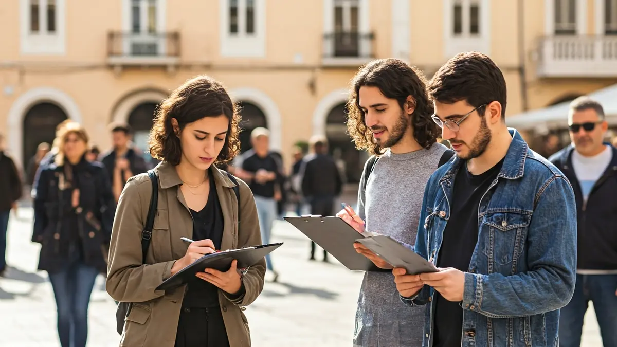 Estudiantes realizando encuestas a pie de calle en Puerto Real para un estudio sobre pobreza energética.