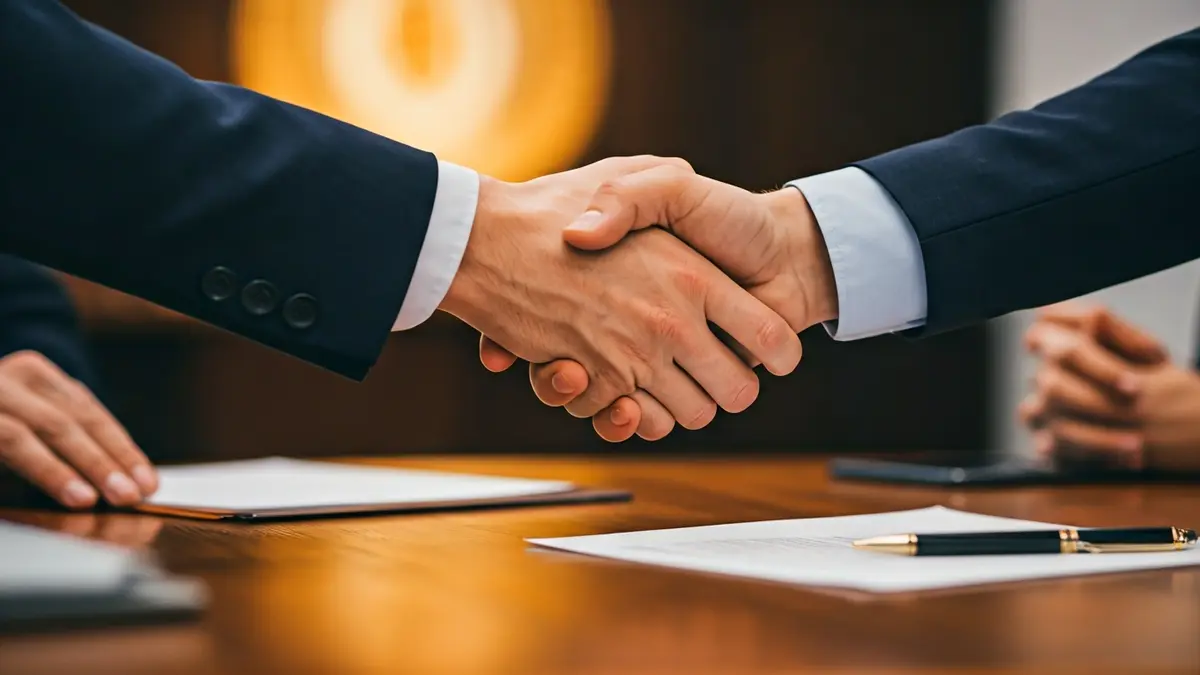 Generic image of a formal handshake over a desk, symbolizing an agreement or convention.