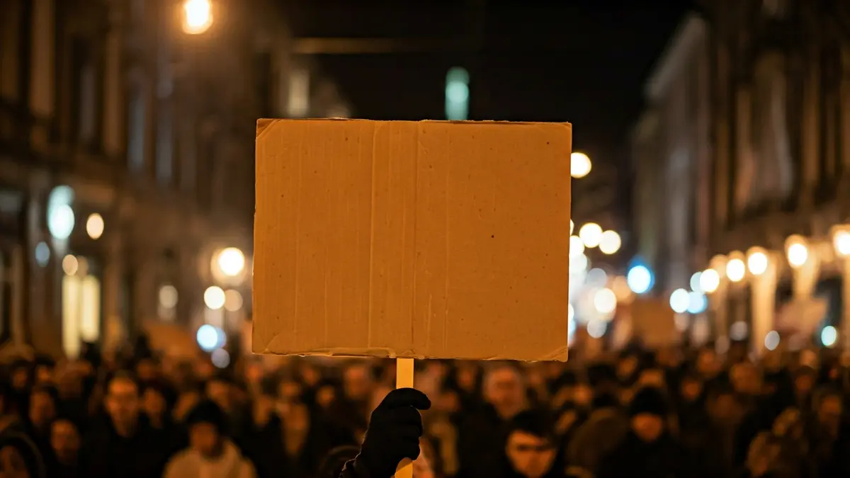 Imagen genérica de una manifestación, con un cartel de protesta en primer plano y una multitud difusa al fondo.