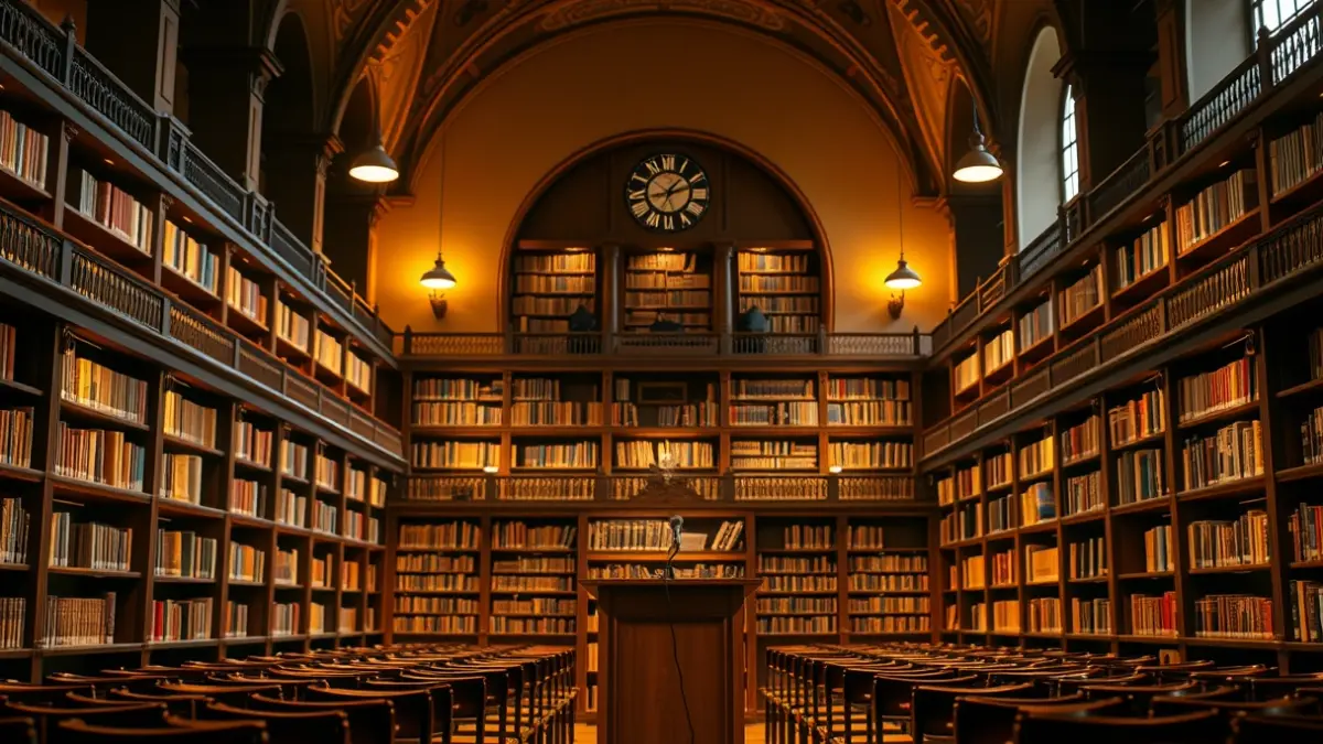 Generic image of a library or reading room with a podium and chairs, warmly lit.