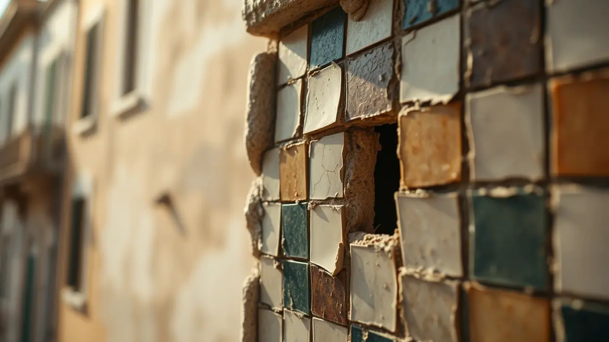 Imagen de un azulejo comercial histórico roto en una fachada de Cádiz.