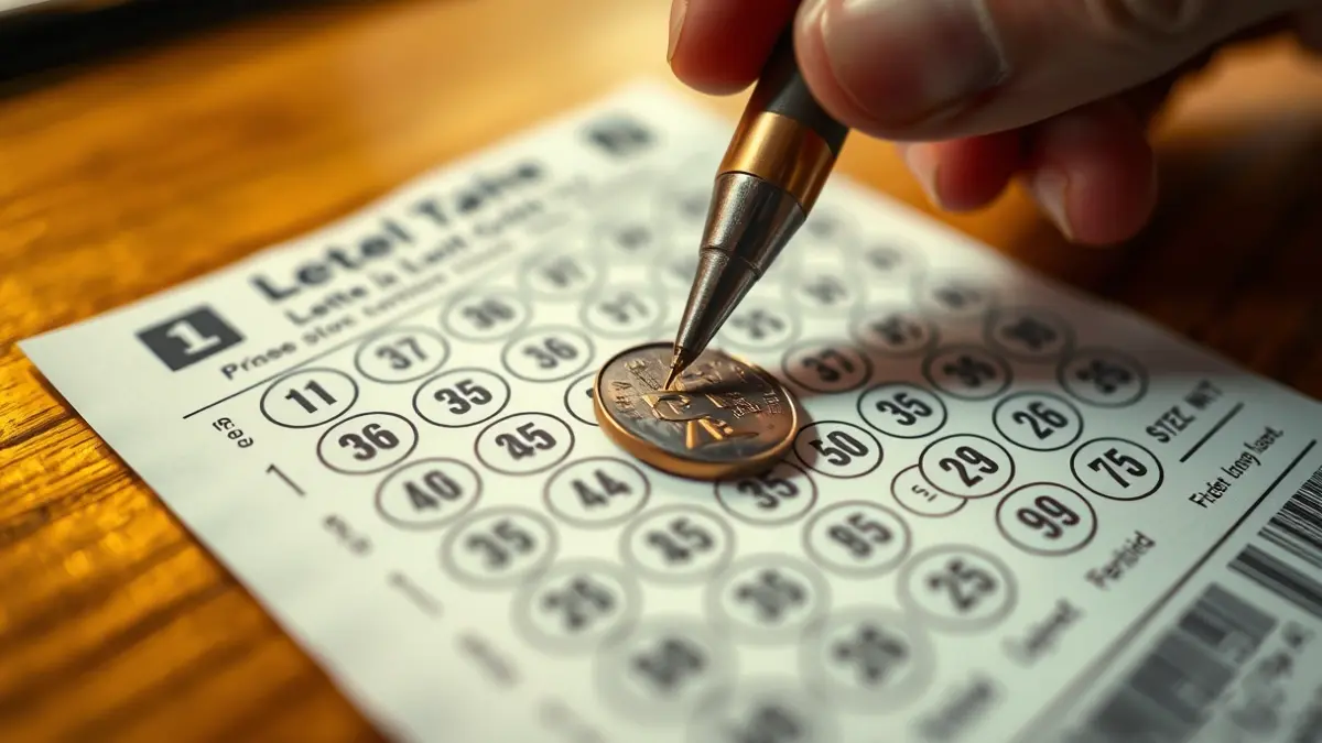 Imagen genérica de un boleto de lotería con números borrosos y una mano con una moneda.