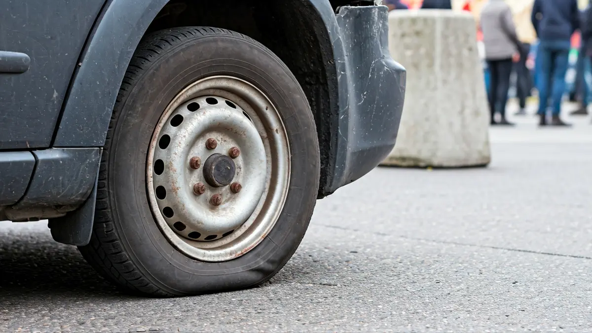 Imagen de un coche dañado tras colisionar con un bolardo en la calzada.