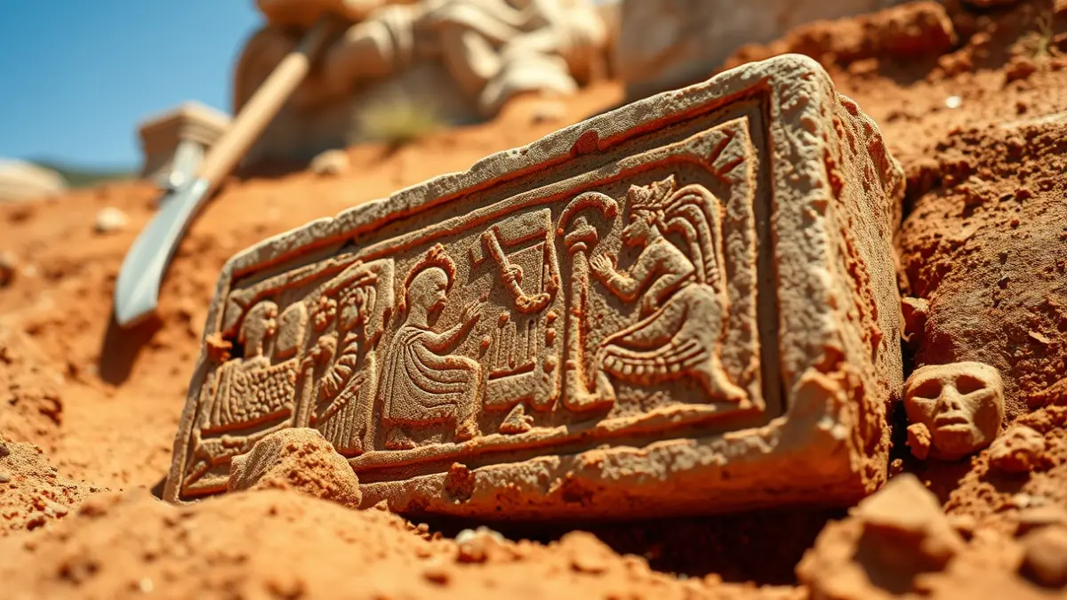 Image of an ancient stone stele with carved iconography, found in an archaeological excavation.