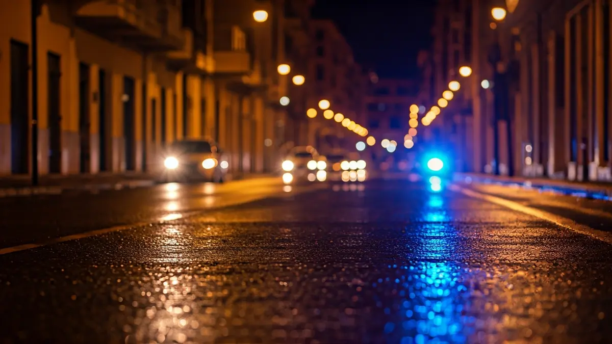 Imagen genérica de luces de emergencia reflejadas en el asfalto mojado por la noche.