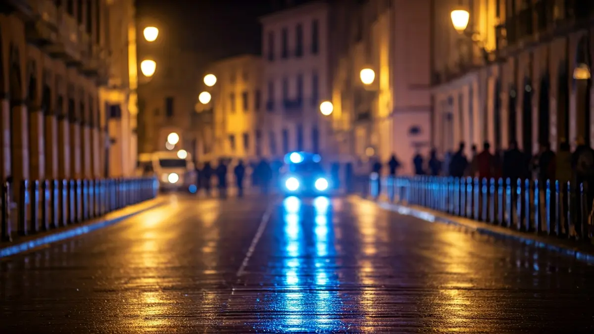 Imagen genérica de luces de emergencia reflejadas en una calle mojada de noche.
