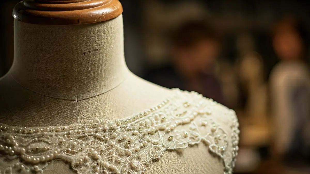 Image of a lace dress undergoing restoration, with details of beading and tulle.