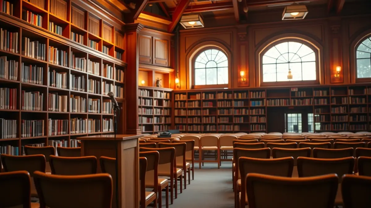 Imagen genérica de un aula o sala de conferencias con un micrófono en un atril, simbolizando el debate y la educación histórica.