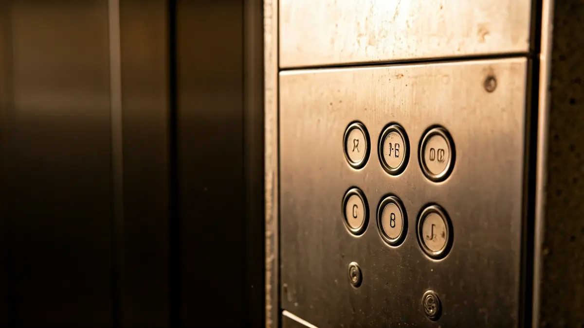 Panel de botones de un ascensor averiado en un edificio residencial.