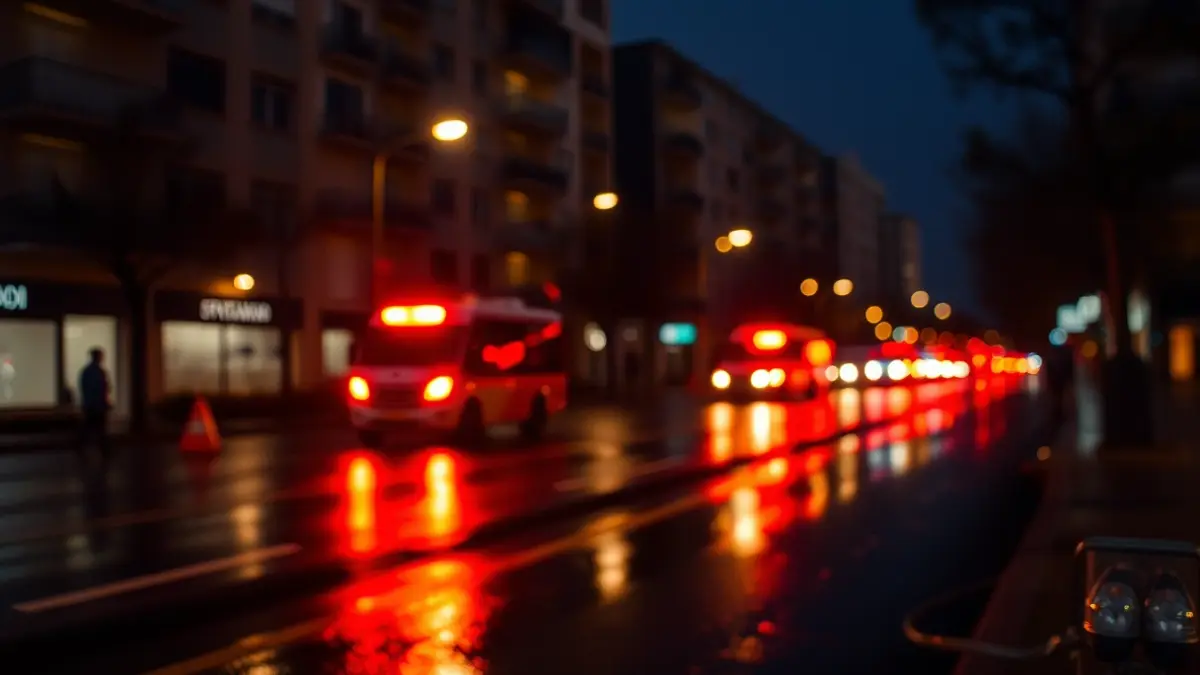 Imagen genérica de luces de emergencia en una calle mojada por la noche.