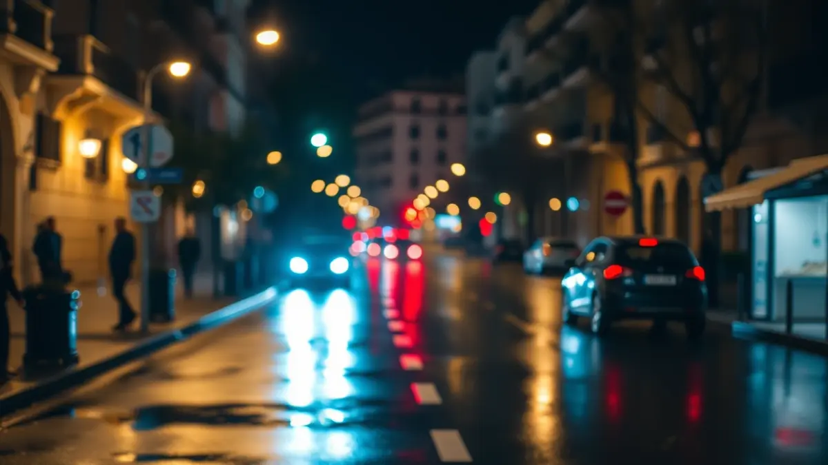 Imagen genérica de luces de emergencia en una calle mojada por la noche.