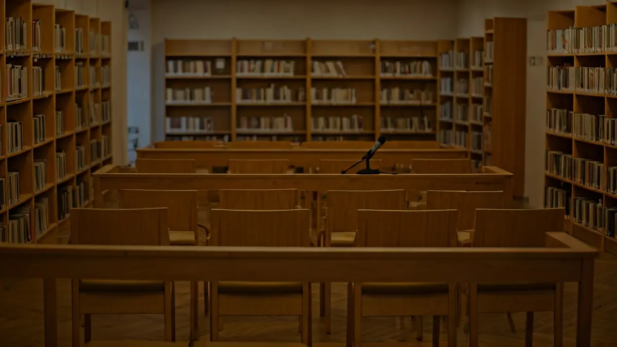 Generic image of a book presentation in a bookstore, with bookshelves and a lectern.