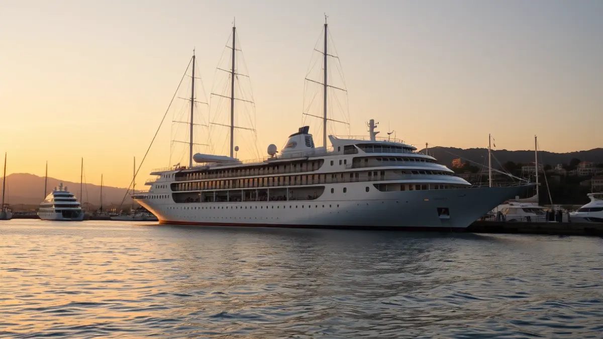 Image of a luxury cruise ship docked in a Mediterranean port at sunset.