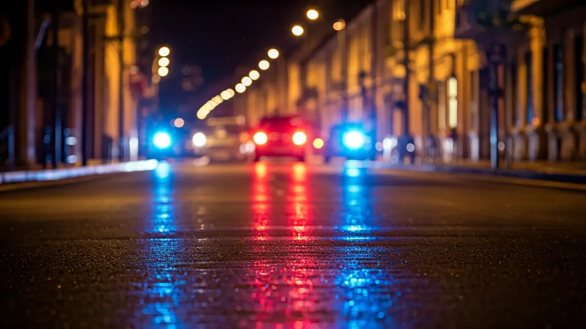 Imagen genérica de luces de emergencia reflejadas en el asfalto mojado.