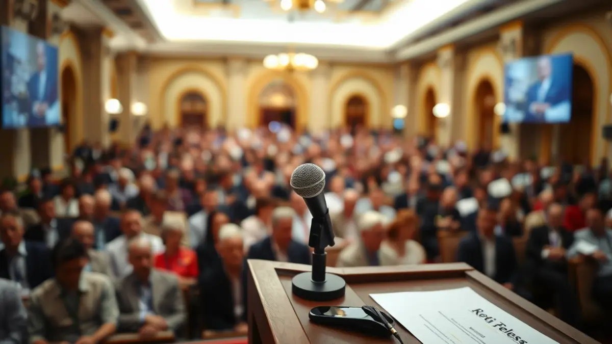 Imagen genérica de un micrófono en un podio durante un evento político.