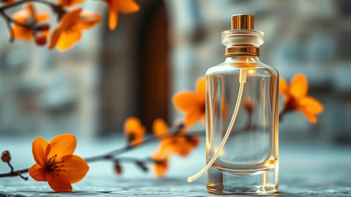 Botella de perfume con flores de azahar y arquitectura antigua