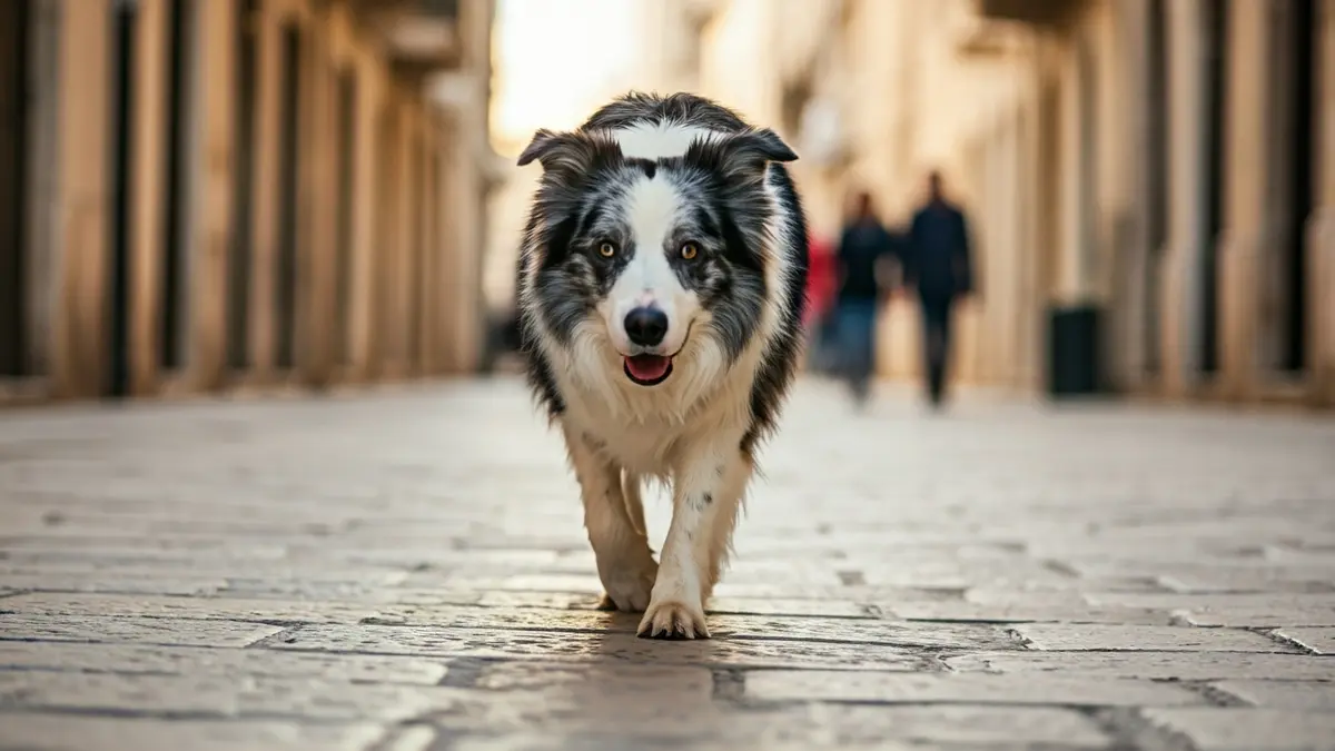 Image of a border collie dog walking on a cobblestone street in Jaén.